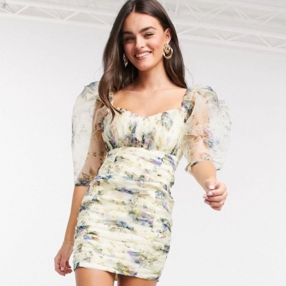 ASOS Spring Floral Organza Ruched Mini Dress With Statement Puff Sleeves Size 4